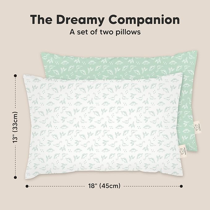 2-Pack Toddler Pillow - Soft Organic Cotton Toddler Pillows for Sleeping - 13X18 Small Pillow for Kids - Kids Pillows for Sleeping - Kids Pillow for Travel, School, Nap, Age 2 to 5 (DinoLand)
