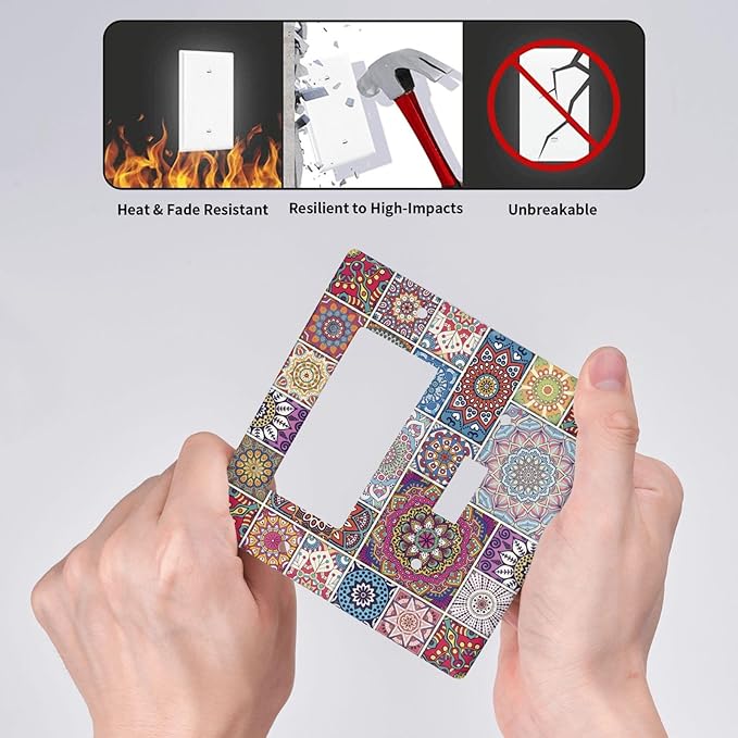 Morocco Talavera Mexican Tiles Printed Colroful Mandala 2 Gang Single Toggle Rocker Combination Light Switch Covers Wall Plate Cover Electrical Faceplate Decorative Switchplate for Kitchen Bathroom