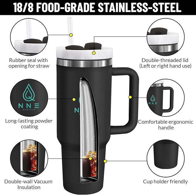 40oz stainless Steel Insulated Tumbler with Handle, lid and straw for cold water, Iced tea, or coffee - 100% Leak-Proof - Cupholder Friendly Travel Mug- Gifts for Women Men Him Her (Black)