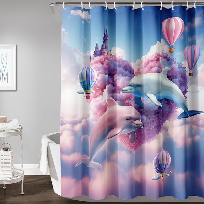 AILONEN Cute Dolphin Shower Curtain,Romantic Pink Sky Clouds Hearts Print Bath Curtain,Blue and Pink Dolphin Shower Curtain Waterproof for Bathroom Decor with 12 Plastic Hooks, 36" W*72" H
