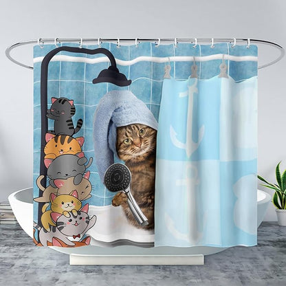 AILONEN Funny Cat Shower Curtain for Kids 48"W*72"H Inch, Cartoon Animal Bathroom Curtain,12 Pack Hooks Polyester Waterproof Fabric Decor for Bathroom,Cute Kitten Taking Shower Cloth Fabric Bathroom
