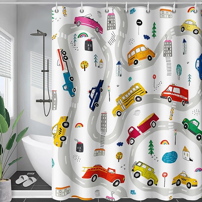 AILONEN Construction Shower Curtain, Truck Fire Engine Police Car Bath Curtain for Kids Boys,Red Yellow Blue Truck Car Bathroom Decor Waterproof Fabric 72" W*84" H Inch with 12 Plastic Hooks