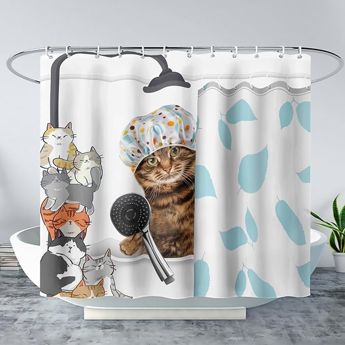 AILONEN Funny Cat with Shower Cap Shower Curtain for Kids 72" W*96" H Inch,Cute Cartoon Animals Bathroom Curtain,12 Pack Hooks Polyester Waterproof Fabric Decor for Bathroom,White
