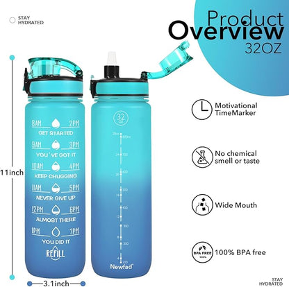 32 oz Water Bottles with Straw & Strap, Motivational Water Bottles with Times to Drink, BPA Free Reusable Sports Water Bottle with Sleeve Carrier for Hiking, Travel, Running or Fitness