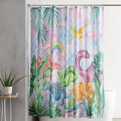 AILONEN Girls Dinosaur Shower Curtain 72" W*84" H for Bathroom,Cute Dinosaur Bathroom Shower for Kids Girls,Cartoon Dinosaur Rainbow Bath Curtain Polyester Waterproof Shower Curtain with 12 Hooks