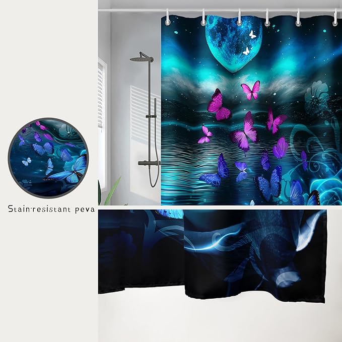 AILONEN Flying Butterfly Shower Curtain for Girls Women,Blue Sky Starry Ocean Sea Rose Bath Curtain 72" W*96" H Polyester Fabric Waterproof Bathroom Curtain with 12 Hooks