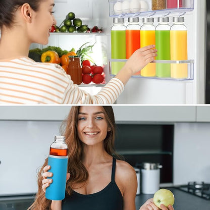 Vesici 12 Set 18 oz Clear Glass Water Bottles with Lids Reusable Glass Juicing Bottles with Colorful Protection Sleeve and Stainless Steel Leak Proof Lids for Milk Smoothie Juice Beverage Tea
