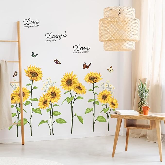 Runtoo Sunflower Butterfly Wall Art Stickers Flower Live Laugh Love Quotes Wall Decals Kids Bedroom Living Room Nursery Wall Decor