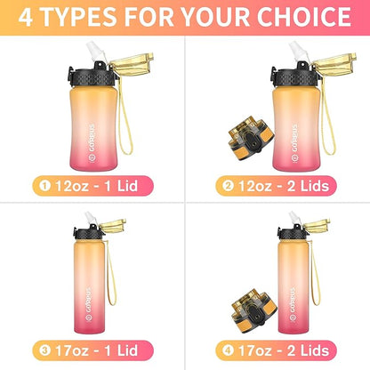 GOPPUS Kids Water Bottle with Straw Spout Lid 10pcs Stickers 12 oz Leak-proof BPA Free Motivational Time Marker Tritan Plastic Water Bottles for Girls Boys School Sports