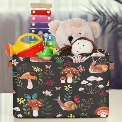Mushroom with Snails Storage Basket Collapsible Rectangular Storage Bin Large Fabric Storage Boxes Organizer 1Pc with Leather Handles for Clothes Toys Books Kitchen Laundry