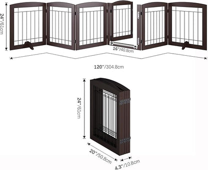 Folding Pet Gate 120" Wide, 24" Tall No-Assembly Wooden Dog Gate with Door Walk Through, Freestanding Wire Pet Gate, Pet Puppy Safety Fence, with 2PCS Support - Espresso