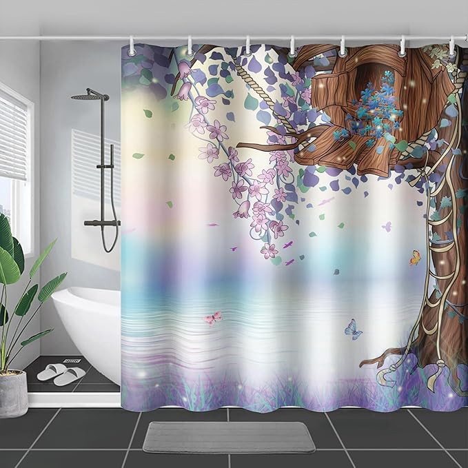 AILONEN Purple Tree Leaves Shower Curtain,Botanical Floral Plants Vine Shower Curtain,Butterfly Floral Shower Curtain for Bathroom Decor Polyester Waterproof with Grommets and Hooks 72" W*96" H