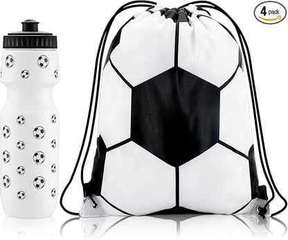 4 Pcs Soccer Party Favors Sports Drawstring Bag 24 oz Soccer Reusable Water Bottles Sports Water Bottle for Sporting Cycling Working Traveling Gym Outdoor