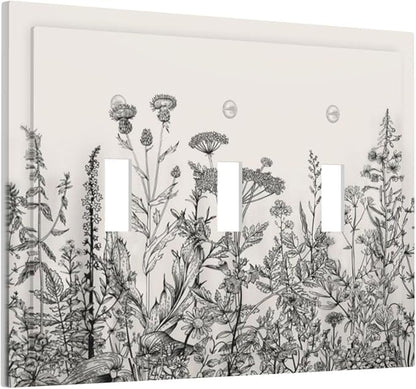 Vintage Grey Floral Herbs Wild Flowers Botanical 3 Gang Boho Light Switch Covers Decorative Country Unique Triple Toggle Wall Plate Electrical Faceplate Switchplate for Bathroom Bedroom
