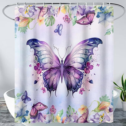 AILONEN Butterfly Shower Curtain for Bathroom, Purple Butterfly Bath Curtain Decor,Modern Printed Waterproof Shower Curtain with 12 Plastic Hooks (Kids/Girls/Women/Teen/) 60" W*72" H