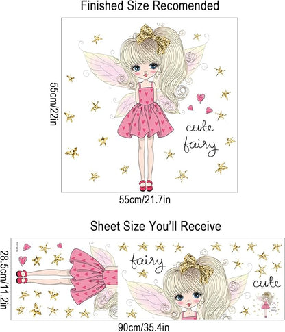 Pink Cute Butterfly Girl Wall decals for Girls Bedroom Princess Gold Stars Kids Room Decor Removable Fairy Stickers Vinyl Wall Murals Peel and Stick for Playroom Classroom Living Room Nursery