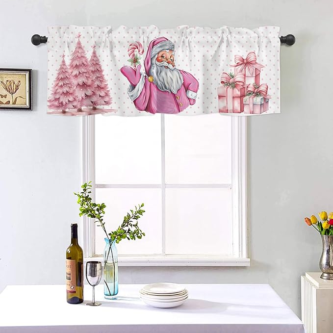 Pink Christmas Window Valance for Bedroom Living Room, Funny Santa Claus Window Curtain for Kitchen Bathroom, Pink Christmas Window Valance Rod Pocket Window Treatment, 54" W x 18" L