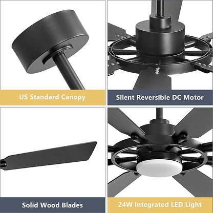 80" Ceiling Fan with Lights and Remote Control, Wood 8 Blades 6-Speed Noiseless Reversible DC Motor, 3 Downrods, Modern Large Indoor/Outdoor Ceiling fan for Patio Bedroom Dining Living Room, Black