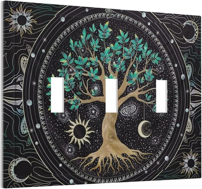 Tree of Life Blackground 3 Gang Light Switch Plate Decorative Hippie Sun Moon Star Triple Toggle Wall Plate Cover Electrical Faceplate Switchcover for Bathroom Bedroom Livingroom Art Panel Decor