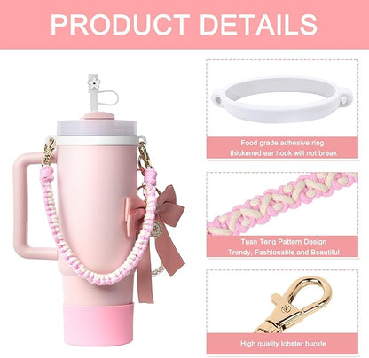 BELSITA Stanley Cup Accessories Set, Bow Pearl Chain Braided Design Water Bottle Handle Strap, Silicone Stanley Cup Boot, Stanley Charms for Stanley Cup 30/40oz Tumble (Pink)