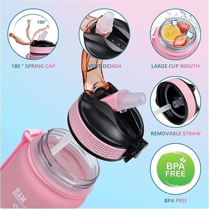 Mimi 32 oz Water Bottle with Times Marker to Drink and Straw, Carrying Strap, Leakproof Tritan BPA-Free, Ensure You Drink Enough Water for Fitness, Gym, Camping, Outdoor Sports
