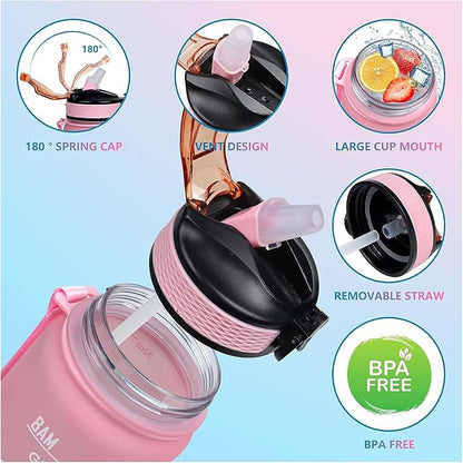 Pug Dog Themed 32 oz Water Bottle with Times Marker to Drink and Straw, Carrying Strap, Leakproof Tritan BPA-Free, Ensure You Drink Enough Water for Fitness, Gym, Camping, Outdoor Sports