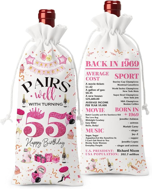 55th Birthday Gifts for Women Men Wine Bag, 55 Year Old Birthday Gifts for Women Men, 55th Birthday Party Decorations for Women Men, Pairs Well with Turning 55 Wine Bags (White Pink)