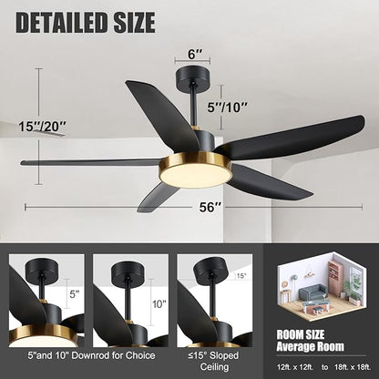 Modern Ceiling Fan with Light and Remote Control,56''Ceiling Fan with 3 Color Lights,Memory Function,5 Blades,6 Speeds,Outdoor Fan and Light for Living Room,Bedroom,Kitchen,Brass Gold
