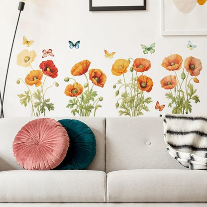 Poppies Wall Stickers for Kids Bedroom -Butterfly Flowers Wall Decals for Girls Room,Classroom,Nursery, Playroom- Removable DIY Peel and Stick Wall Art Decor