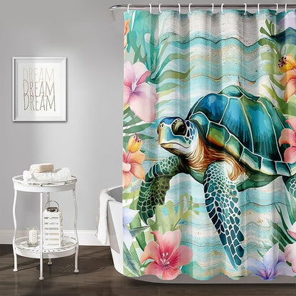 AILONEN Cute Sea Turtle Shower Curtain,Cartoon Beautiful Turtle with Flowers Shower Curtain Set for Bathroom,Ocean Animal Waterproof Fabric Shower Curtain with Hooks,72" W*96" H