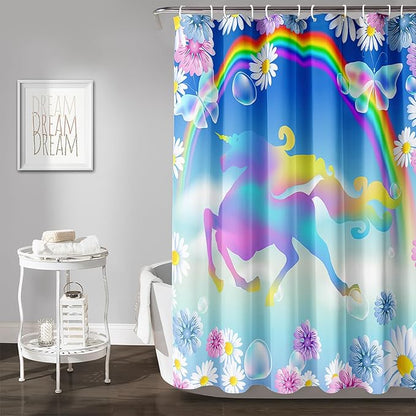 AILONEN Unicorn Shower Curtain, Kawaii Rainbow Unicorn Theme Bathroom Decor,Colorful Flower Butterfly Waterproof Fabric Shower Curtain Set for Girls Teens Kids,48" W*72" H