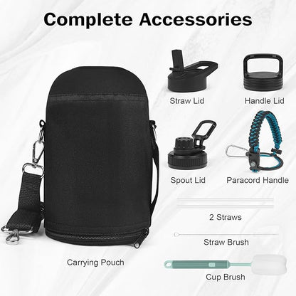 Insulated Water Bottle 64 oz with Straw Lid (3 Lids), Half Gallon Jug Flask, Large Metal Stainless Steel Bottle, 64 oz Double Wall Vacuum Sports Thermo Mug, Cold 48H Hot 24H (Indigo Black)