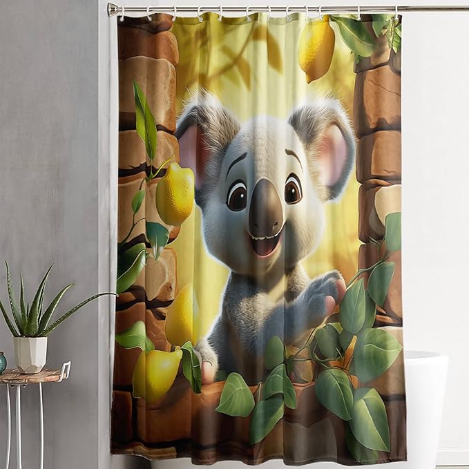 AILONEN Cartoon Koala Shower Curtain for Kids,Kawaii Lemon Koala Shower Curtain for Bathroom,Lovely Animals Shower Curtain Set with Hooks,72" W*84" H