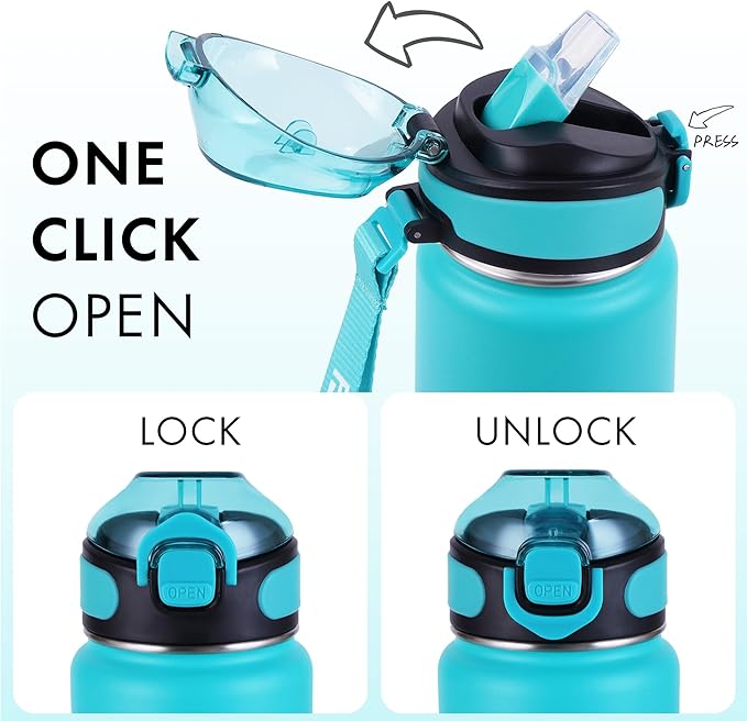 32 oz Insulated Water Bottle with Straw, Stainless Steel Metal Thermos Bottles, Durable Non-Slip Gradient Bottle with Strap for Sports and Travel, Leak Proof (Green Blue)