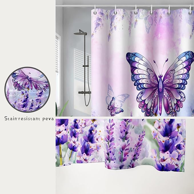 AILONEN Girls Butterfly Shower Curtain for Bathroom,Purple Blooming Lavender Flower Floral Butterfly Printed Bath Curtain 72" W*84" H Polyester Fabric Waterproof Bathroom Curtain with 12 Hooks