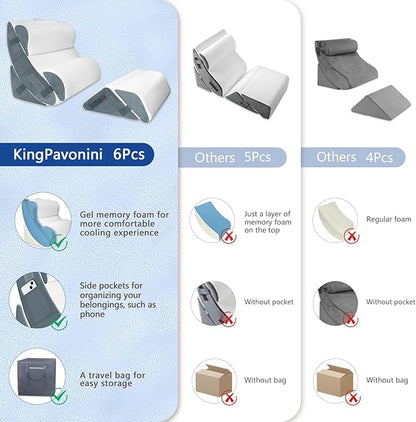 6PCS Orthopedic Bed Wedge Pillow for Sleeping, Gel Memory Foam Post Surgery Pillow Set for Back, Neck, Leg Support, Acid Reflux, Gerd, Anti Snoring, with Washable Cover & Travel Bag (White, 20'' Wide)