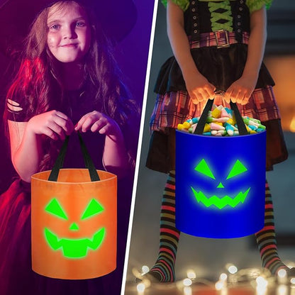6 Pcs Halloween Glowing Trick or Treat Candy Bucket Halloween Multipurpose Basket Glowing Spooky Face Pumpkin Reusable Goody Bags for Halloween Supplies Favors