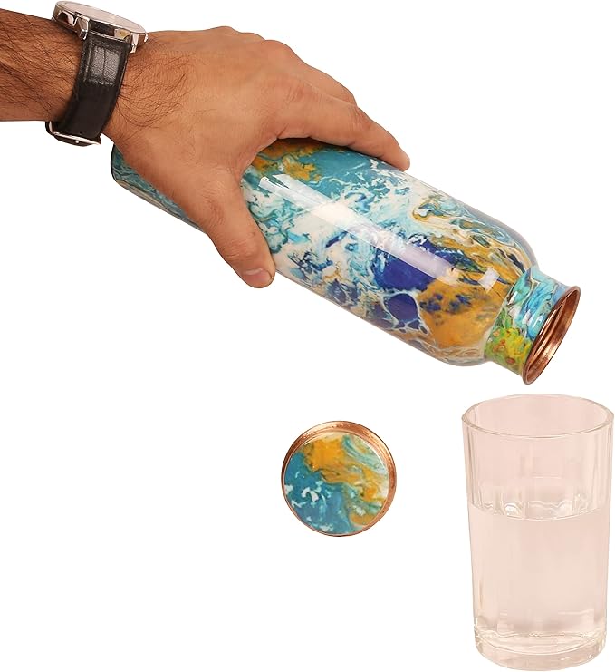 Pure Copper Water Bottle - Handcrafted - Ayurveda health benefits - Large 35 oz - Leak proof - Easy to carry for Sports, Fitness, Yoga, School - Royal Mosaic 3D Vintage Colorful Enamel