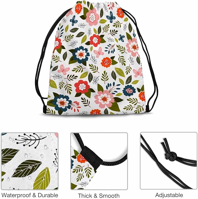Drawstring Bag Sports Backpack Flowers Pattern Pink Butterflies Green Leaves Sutiable for Dance Sports Beach Short Travel Stroage 14x16.9 Inch