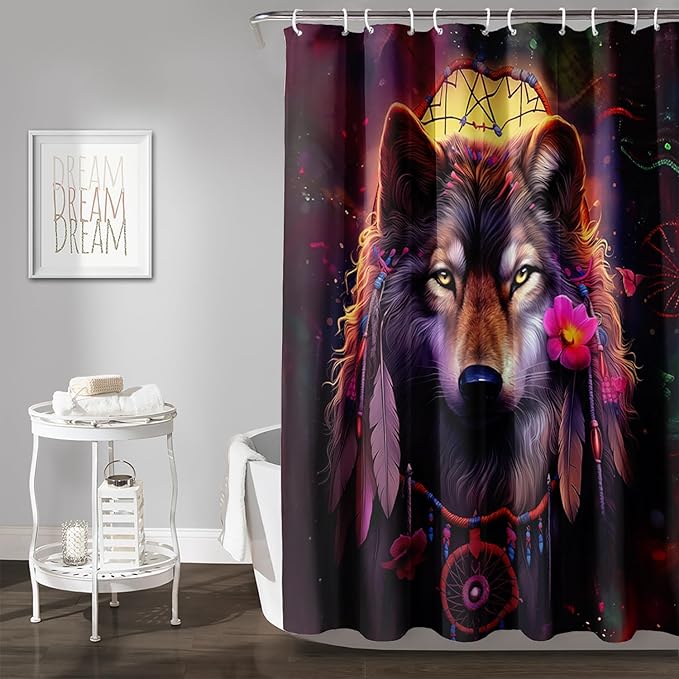 AILONEN 3D Wolf Dream Catcher Shower Curtain for Bathroom,Safari Wolf Printed Bath Curtain for Boys Men,Wildlife Decoration Shower Curtain Waterproof 72" W*84" H