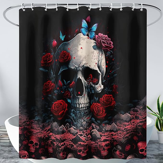 AILONEN 3D Skull Shower Curtain,Oil Ren Rose with Ruins Skull Skeleton Design Shower Curtain Set for Boys Girls Teens,Gothic Skull Waterproof Fabric Shower Curtain for Bathroom,72" W*96" H
