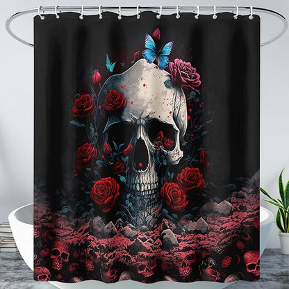 AILONEN 3D Skull Shower Curtain,Oil Ren Rose with Ruins Skull Skeleton Design Shower Curtain Set for Boys Girls Teens,Gothic Skull Waterproof Fabric Shower Curtain for Bathroom,72" W*96" H
