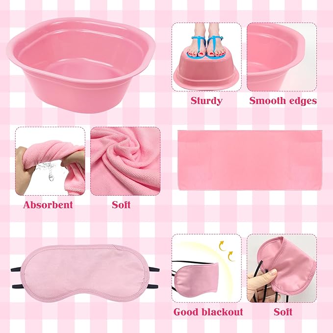 36 Pcs Kids Foot Spa Kit for Girls, Spa Party Supplies for Girls with 12 Pcs Foot Tub & 12 Pcs Pink Hand Towels & 12 Pcs Eye Masks for Girls Sleepover Slumber Party Supplies (Pink)