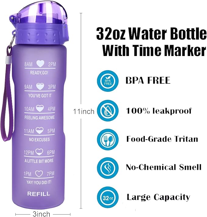XACIOA Water Bottle with Straw,32oz Plastic Cup with Motivational Time Marker,1L Tritan Sport Lightweight Leakproof BPA-Free,Wide Mouth Fast Flow Ensure You Have Times to Drink,with Straw & Cup Brush