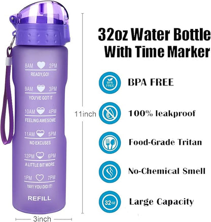 XACIOA Water Bottle with Straw,32oz Plastic Cup with Motivational Time Marker,1L Tritan Sport Lightweight Leakproof BPA-Free,Wide Mouth Fast Flow Ensure You Have Times to Drink,with Straw & Cup Brush