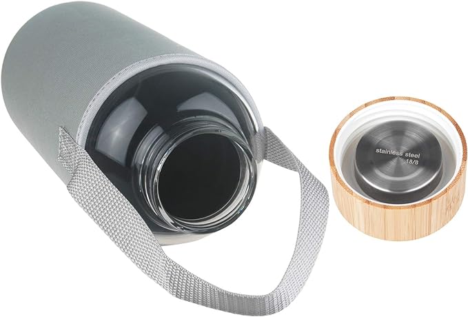 48 oz Sports Borosilicate Glass Water Bottle with Bamboo Lid with Neoprene Sleeve