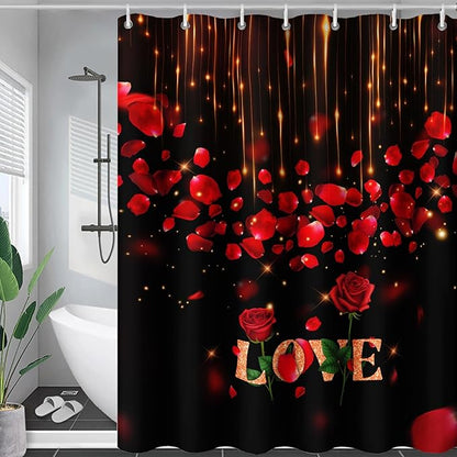 AILONEN Red Rose Flower Shower Curtain,Red and Black Shower Curtain,Romantic Flower Couple Lover Bath Curtain,Rose Themed Bathroom Decor,Waterproof 36" W x 72" H