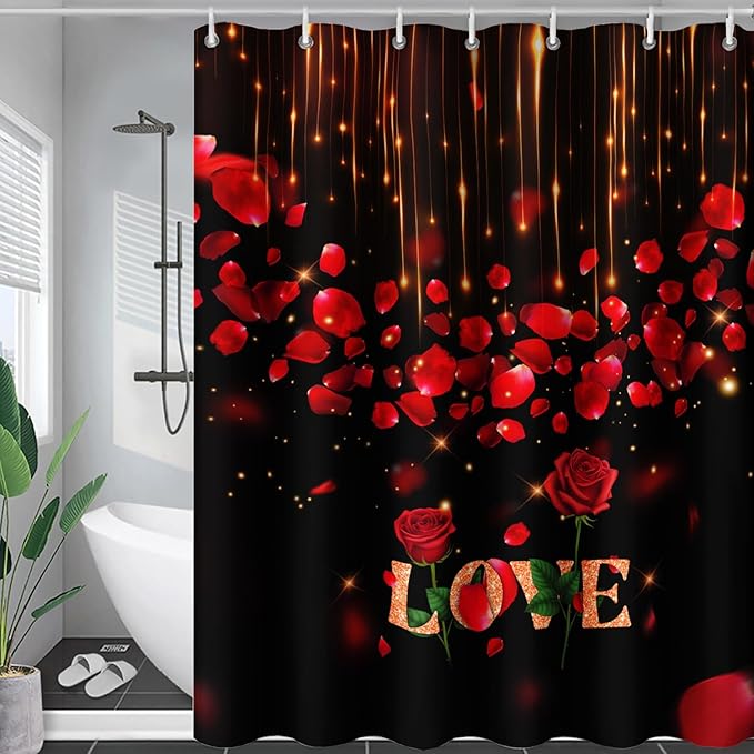 AILONEN Red Rose Flower Shower Curtain,Red and Black Shower Curtain,Romantic Flower Couple Lover Bath Curtain,Rose Themed Bathroom Decor,Waterproof 72" W x 72" H
