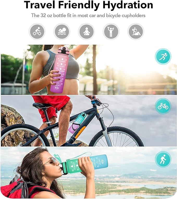 32oz/26oz Motivational Water Bottle with Time Marker & Fruit Strainer, Leak-proof BPA Free Non-Toxic 1l Bottle with Carrying Strap, Perfect for Fitness, Gym and Outdoor Sports, Plastic