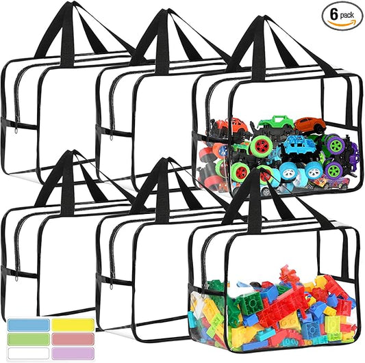 6 Packs Extra Large Toy Storage Bags 12.6×9.25×6.9In with Labels, Reusable Clear PVC Board Game Storage, Travel Waterproof Organizer Bags with Zipper for Building Blocks, Puzzle, Stuffed Animals